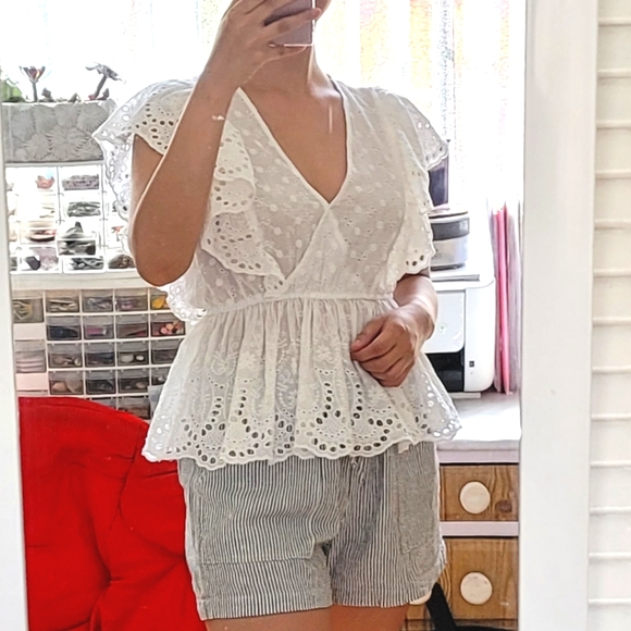 LIFE white ruffle eyelet shirt embroidered bohemian size S - Picture 7 of 7